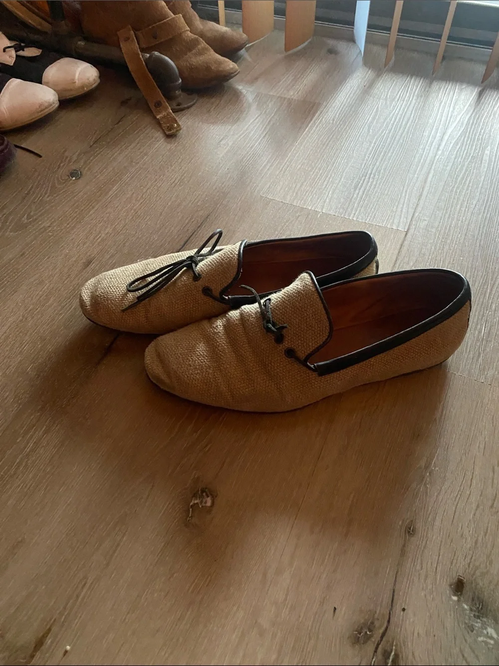 Bottega Veneta Tan Loafers with Black Trim